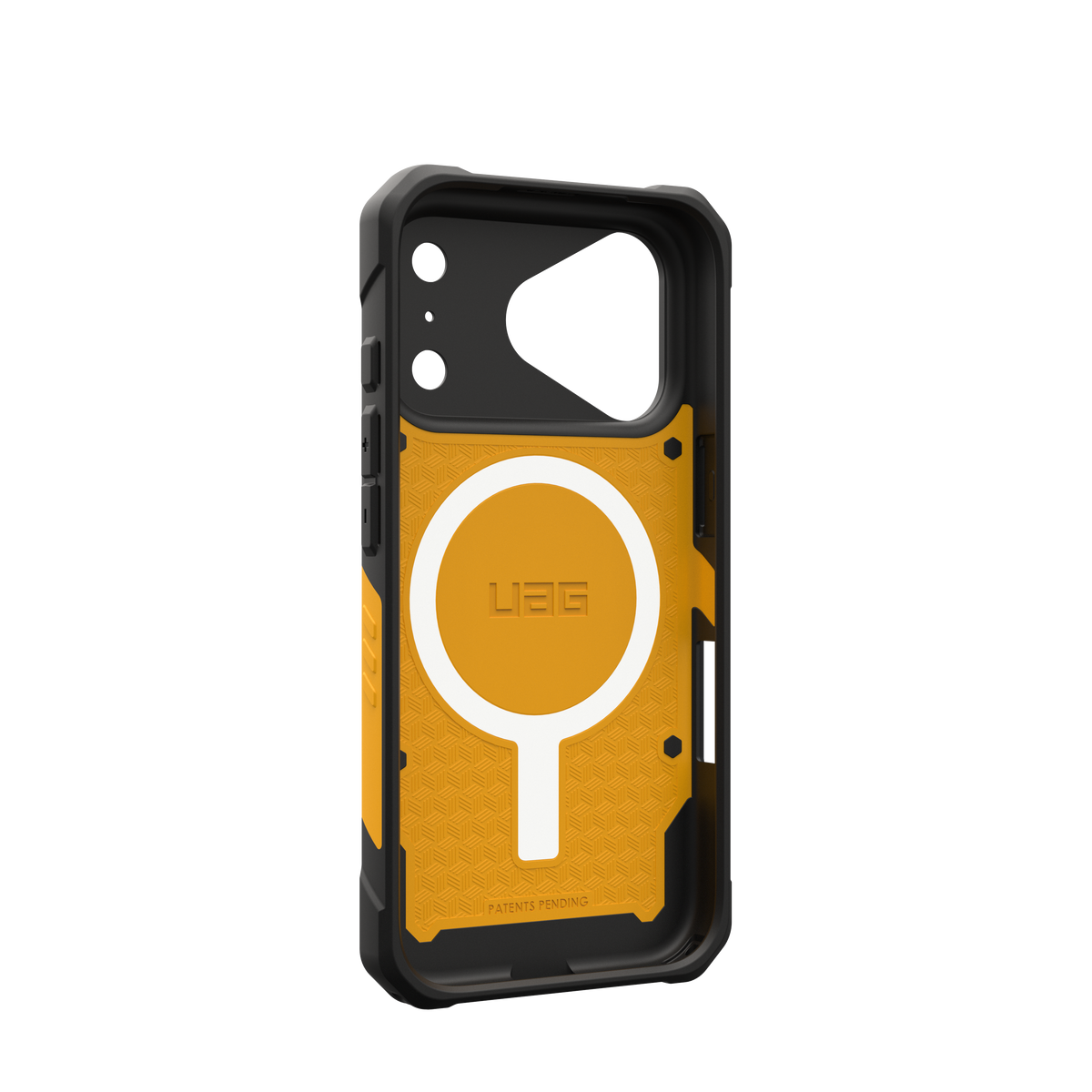 UAG Pathfinder case for iPhone 18 Pro in Heritage Yellow, angled