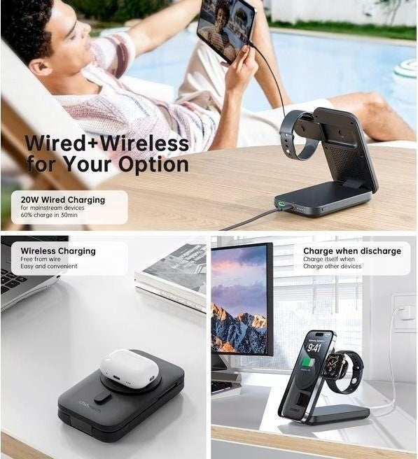 CHOETECH B750 Qi2 Certified 3-in-1 magnetic charger Stand with 10000mAh battery