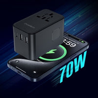 CHOETECH PD5022 70W EU/US/AUS/UK Travel Adapter with Built-in USB-C Cable - Black