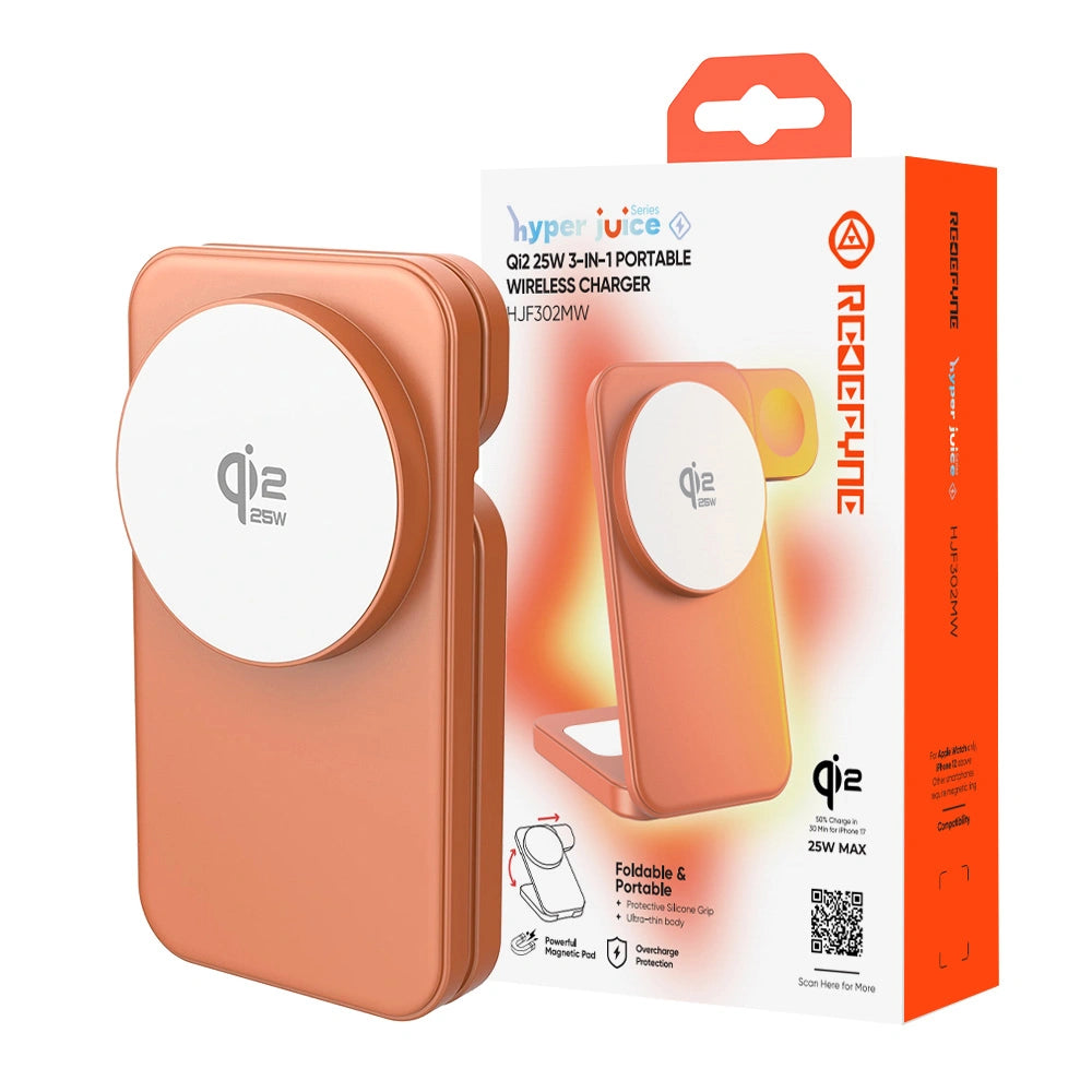 REDEFYNE Qi2.2 25W 3-in-1 portable wireless charger in orange with retail packaging