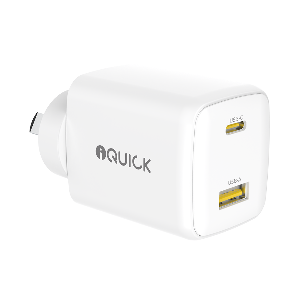 iQuick NANO ENERGY 2 45W USB-C and USB-A GaN wall charger in white
