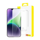 iphone 14 with a screen protector and its packaging on a white background