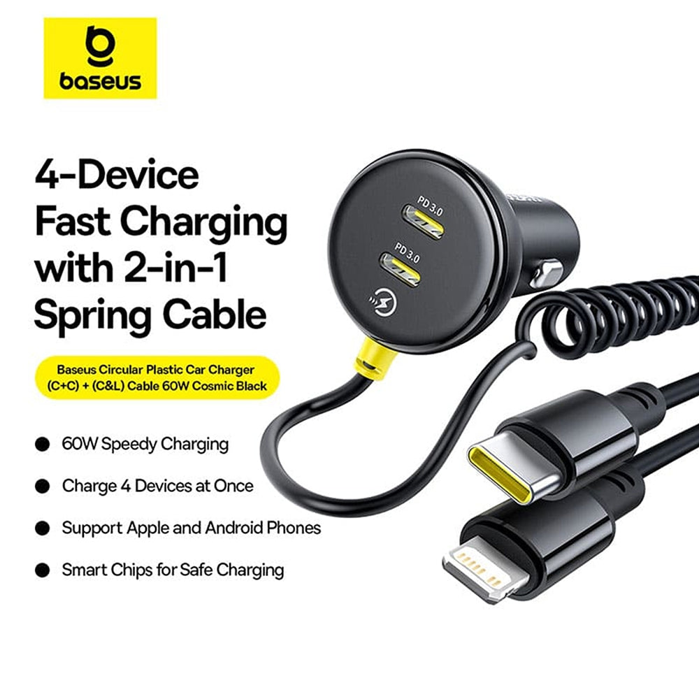 Baseus Circular Plastic Car Charger 60W + USB-C & Lightning Cable