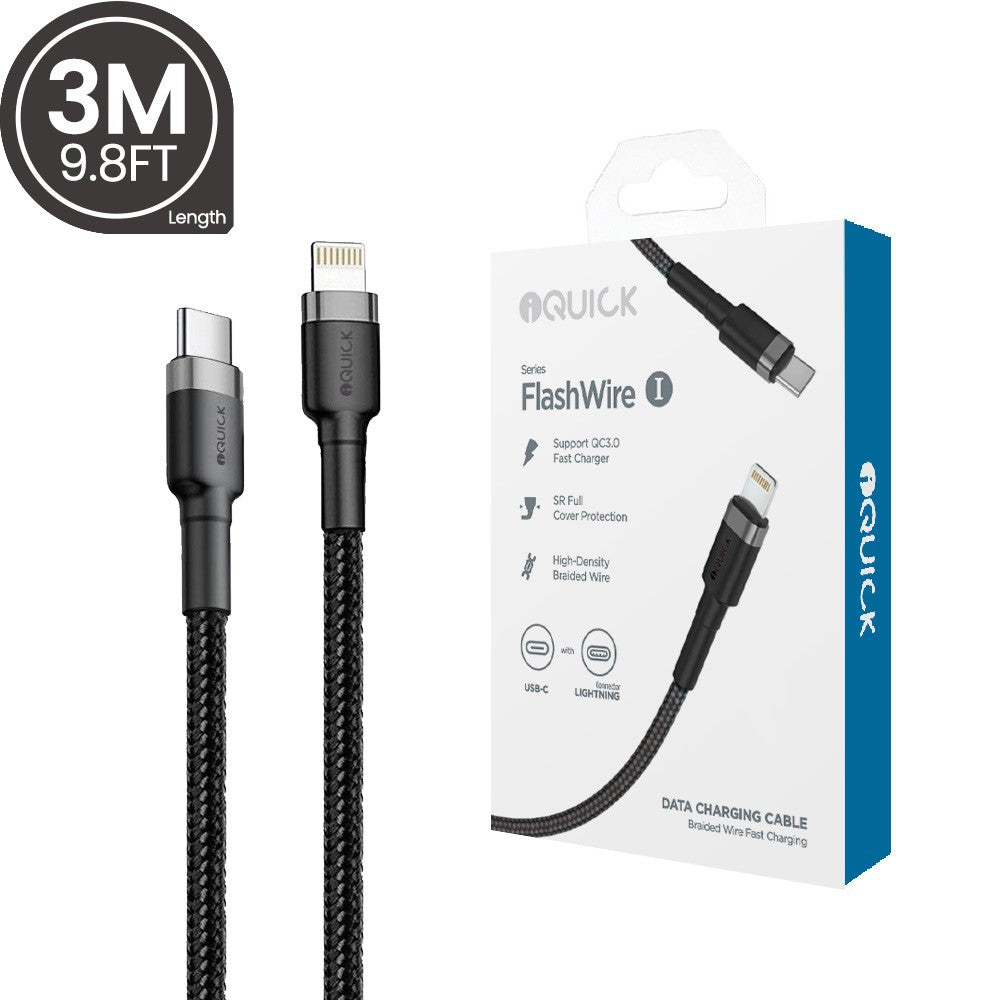 iQuick Braided USB-C to Lightning Charging Cable 3M -Black