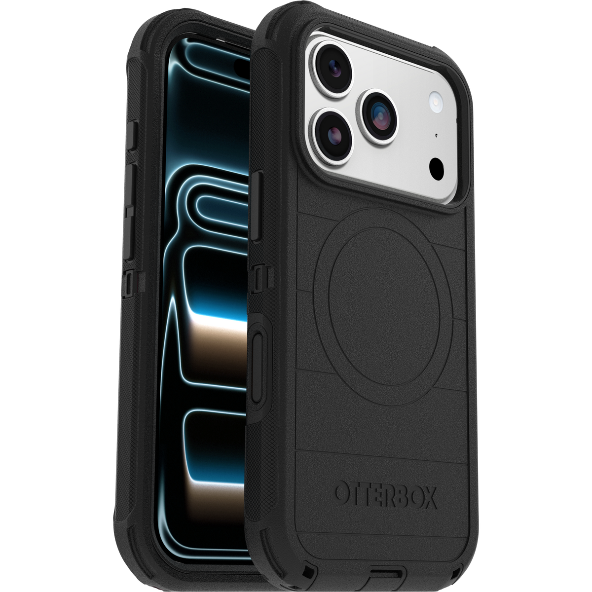 OtterBox Defender Pro MagSafe case for iPhone 17 Pro and 18 Pro in black, front and back view