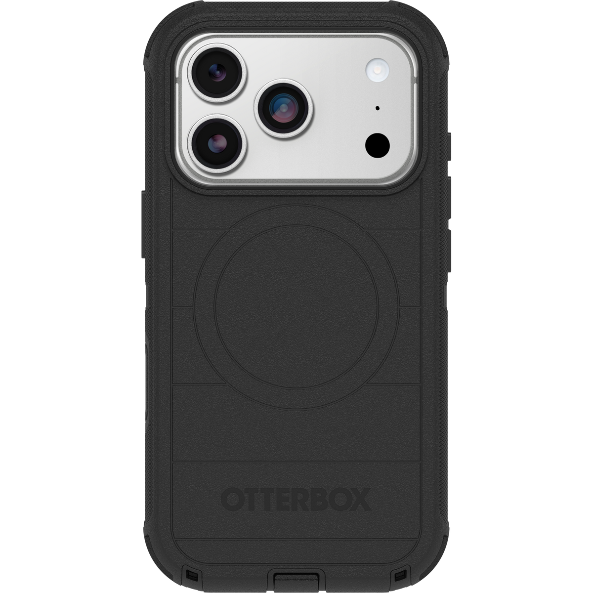 Back of the OtterBox Defender Pro case in black showing the full width camera opening and MagSafe ring