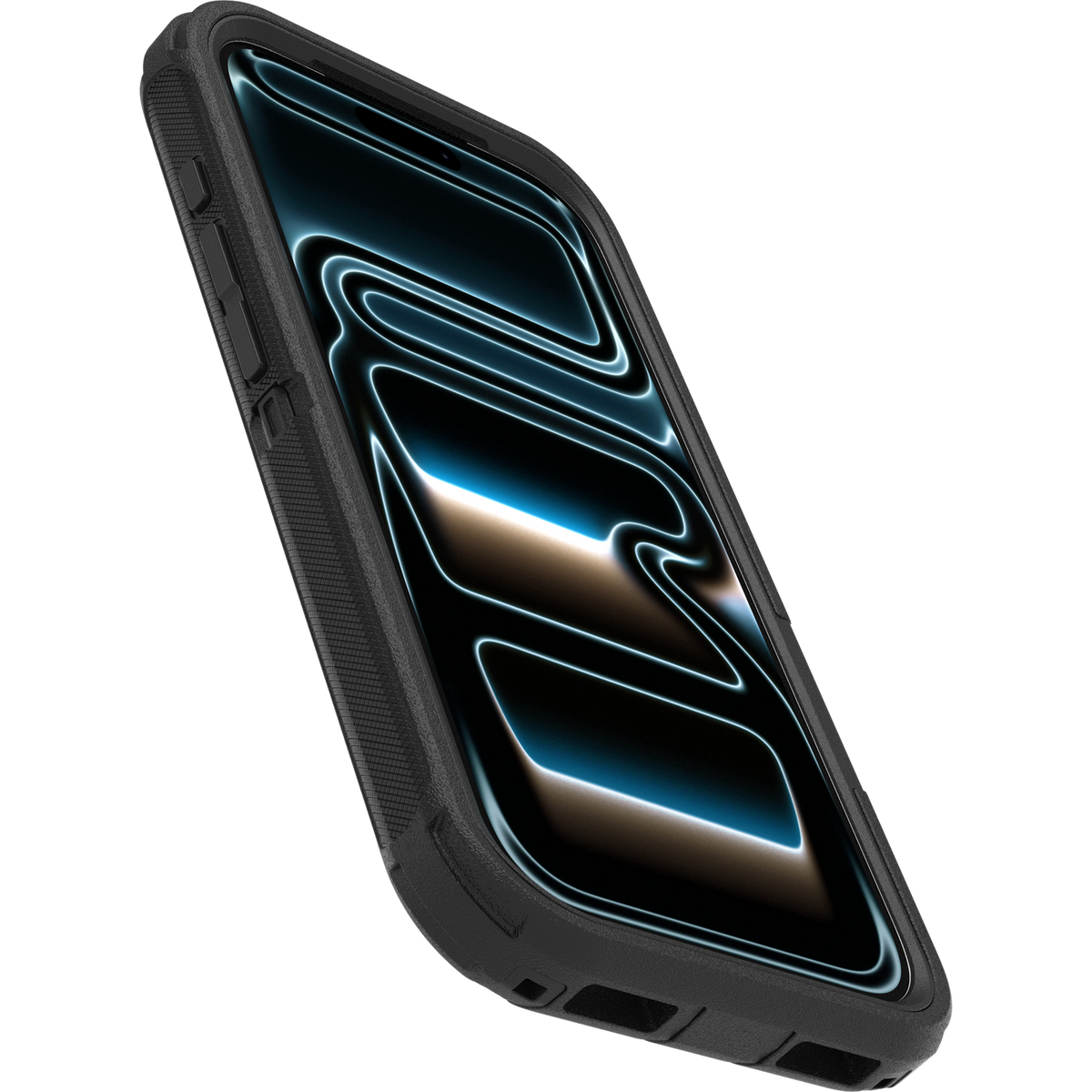 OtterBox Defender Pro case for iPhone 17 Pro and 18 Pro in black, front angle with raised screen edge