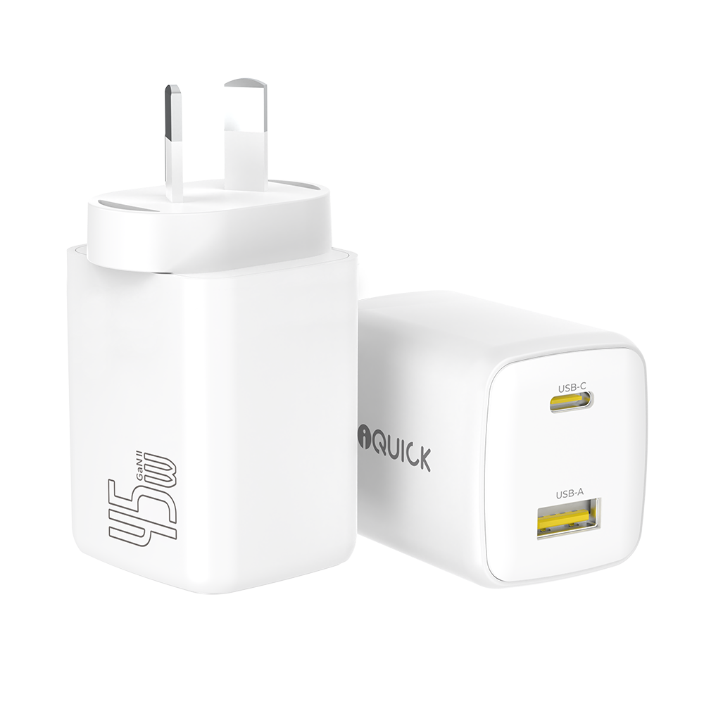 Two iQuick NANO ENERGY 2 45W USB-C and USB-A chargers in white showing the Australian plug
