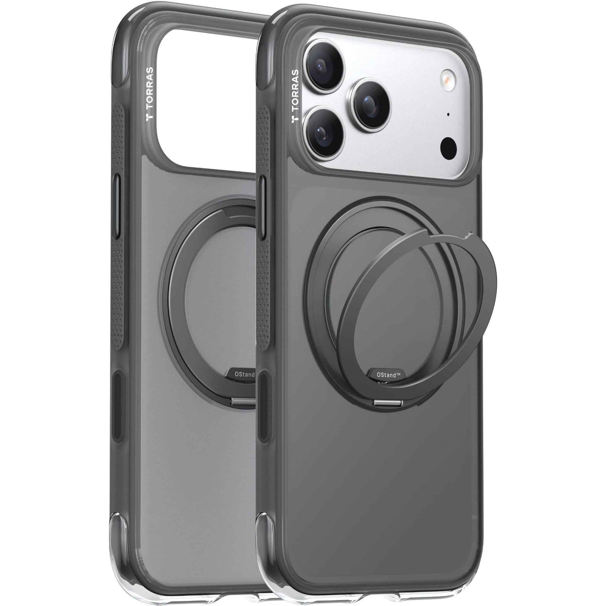 Torras Ostand R Air MagSafe case for iPhone 17 Pro in black, rear view showing integrated rotating stand