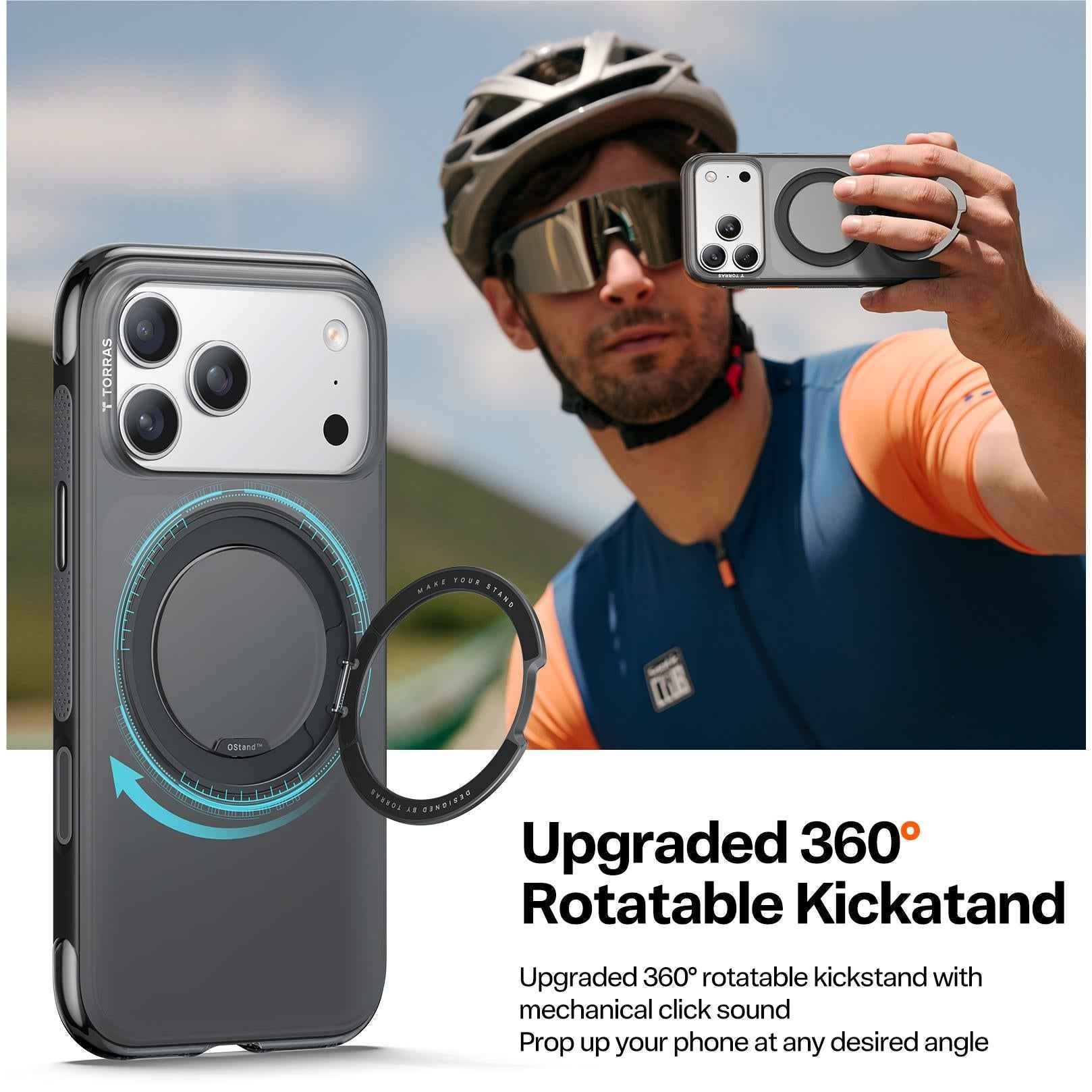Torras Ostand R Air MagSafe case showing 360-degree rotatable kickstand in use for iPhone 17 Pro