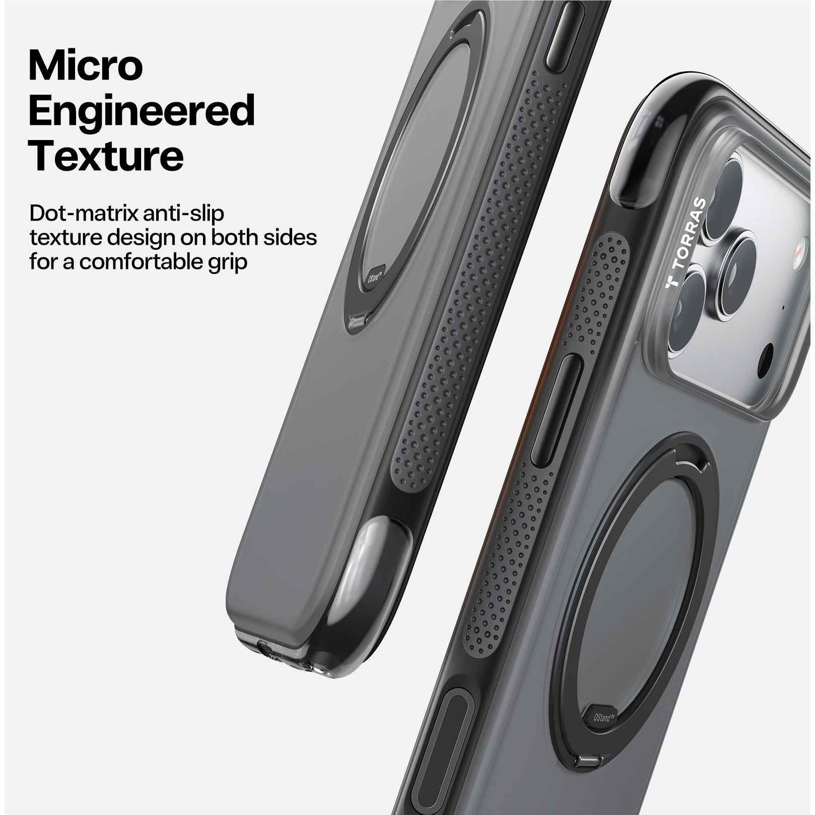 Side profile of Torras Ostand R Air case with anti-slip texture and slim fit for iPhone 17 Pro