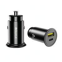 iQuick 48W car charger side view showing USB-A and USB-C ports