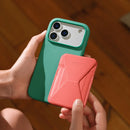 MOFT Snap-On wallet folded into landscape stand mode holding a phone