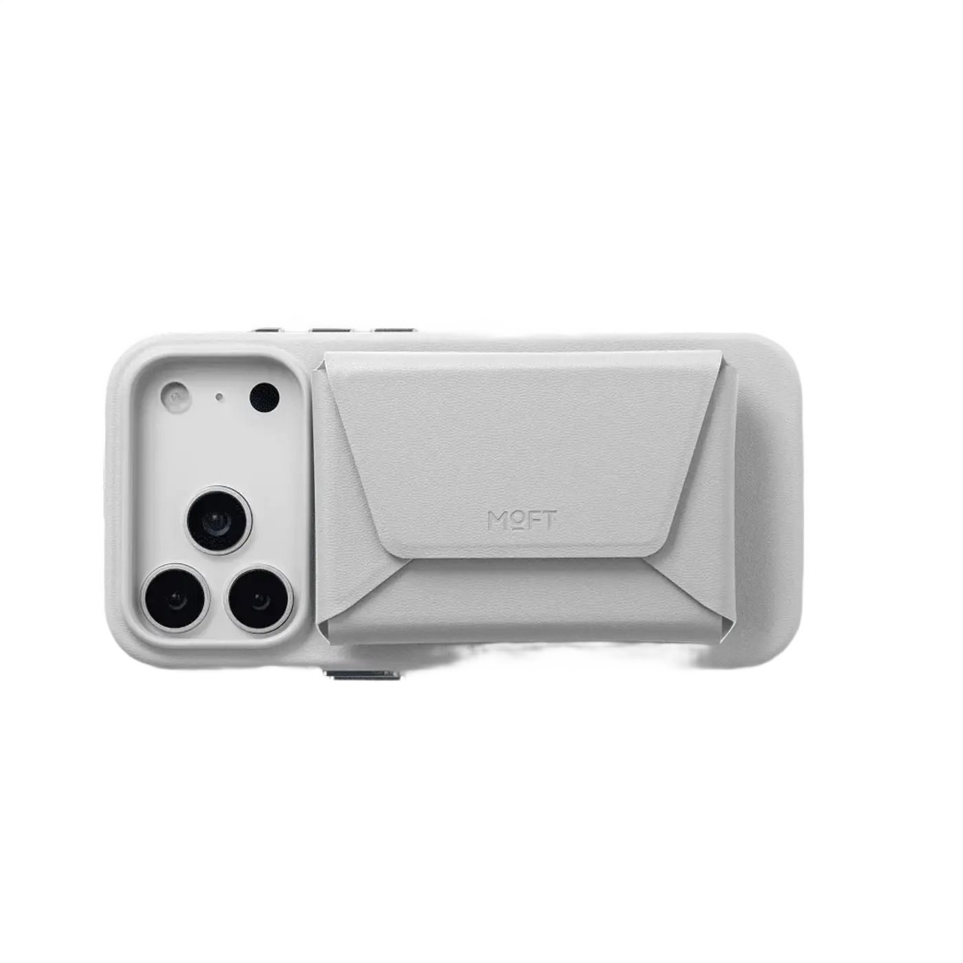 Fold-out stand mode of the MOFT Snap Field Wallet holding a phone