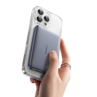 Hand holding a smartphone with a clear case on a white background
