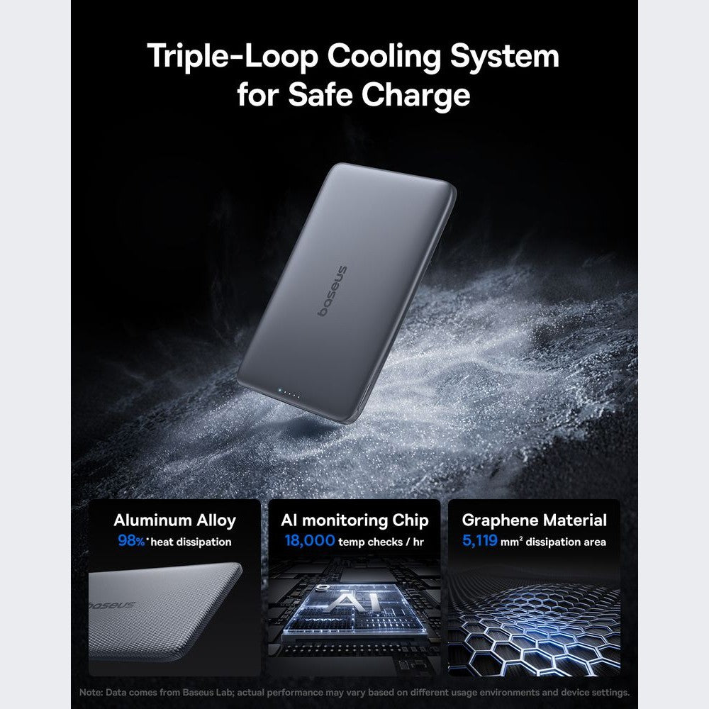 Power bank with triple-loop cooling system features on a dark background