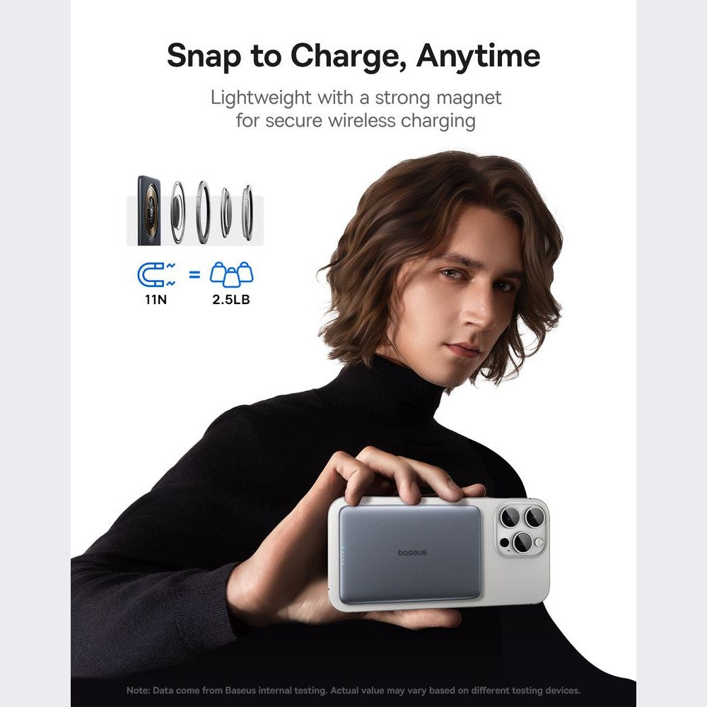 Person holding a phone case with magnetic charging feature, text 'Snap to Charge, Anytime' displayed.