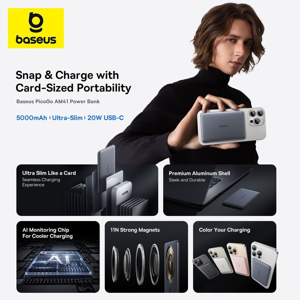 Baseus power bank advertisement with a person holding a phone and product features highlighted.