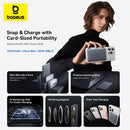 Baseus power bank advertisement with a person holding a phone and product features highlighted.