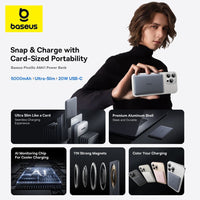 Baseus power bank advertisement with a person holding a phone and product features highlighted.