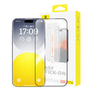 iPhone 15 with a screen protector and its packaging on a white background