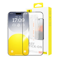 iPhone 15 with a screen protector and its packaging on a white background