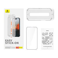 Baseus Sapphire iPhone 15 Plus screen protector kit showing tempered glass, installation tool and cleaning accessories