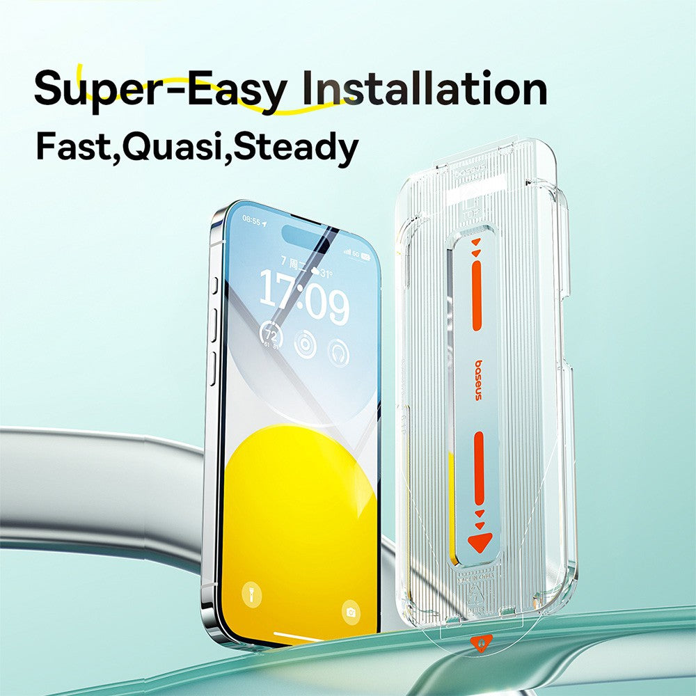 Easy alignment installation tool shown with iPhone 15 Plus screen protector