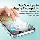 Anti-fingerprint coating benefit shown for iPhone 15 Plus Sapphire glass screen protector