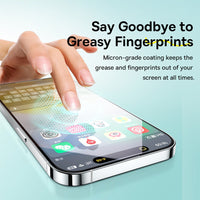 Anti-fingerprint coating benefit shown for iPhone 15 Plus Sapphire glass screen protector