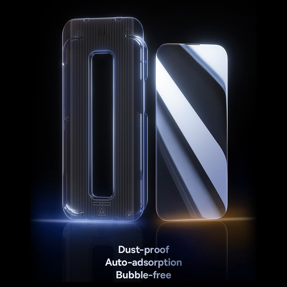 Installation tool and screen protector shown for iPhone 15 Pro privacy glass