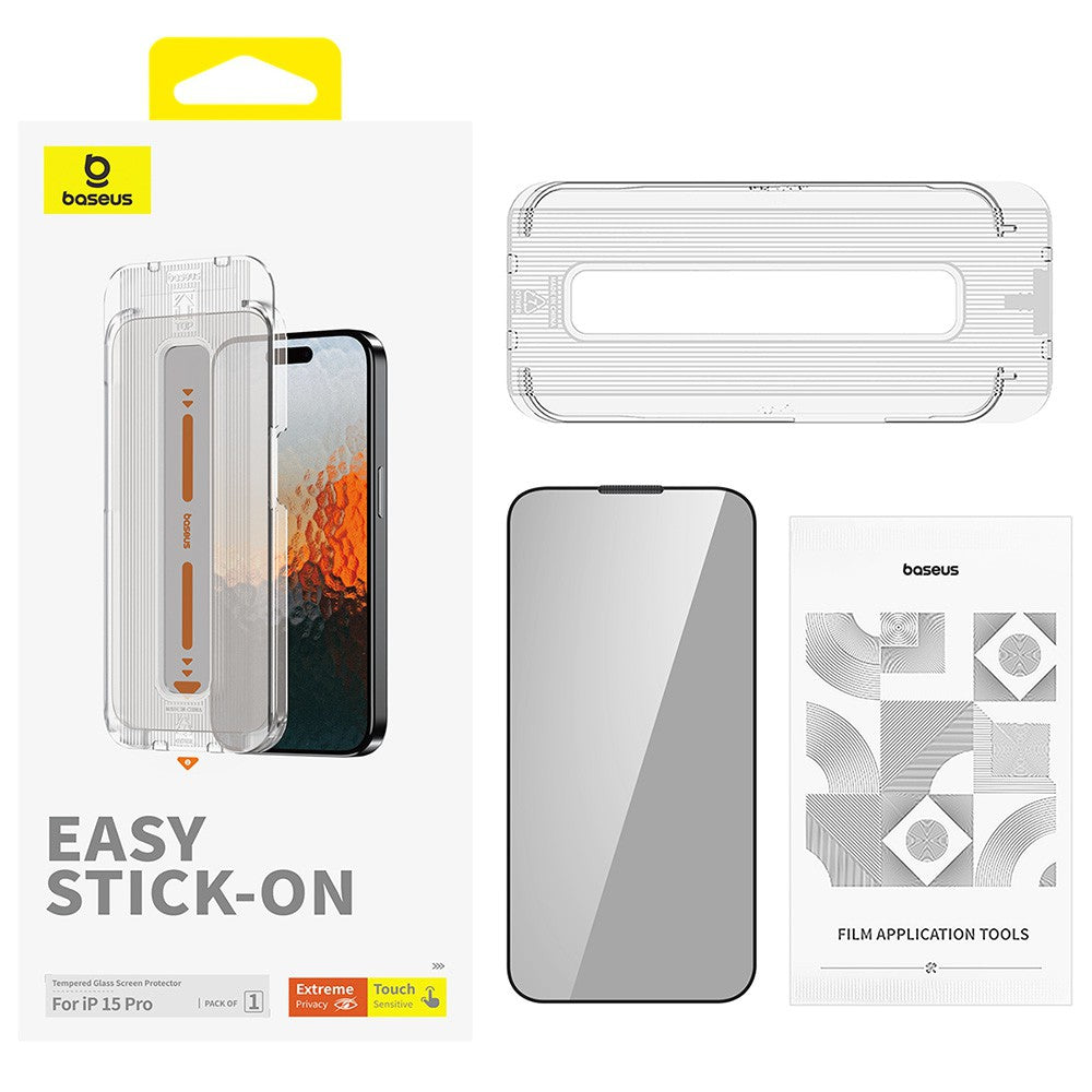 Baseus privacy tempered glass screen protector kit for iPhone 15 Pro with dust proof installation tool