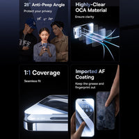 Feature collage showing OCA clarity, 1:1 coverage and AF coating for Baseus privacy glass