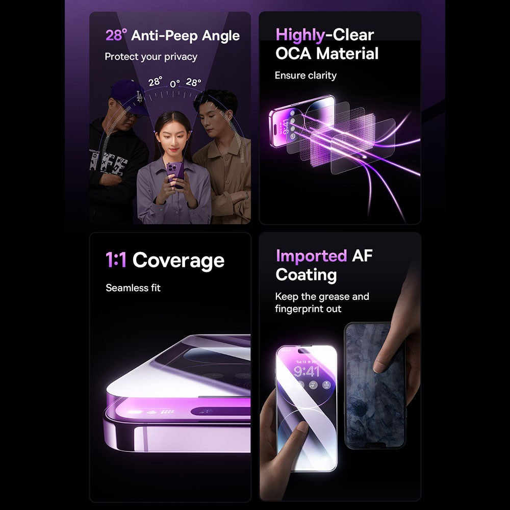 28 degree anti-peep privacy angle and OCA clarity - iPhone 14 Pro Baseus privacy glass