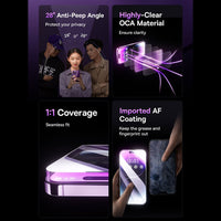 Privacy glass protector feature graphic - anti-peep angle and clear front view