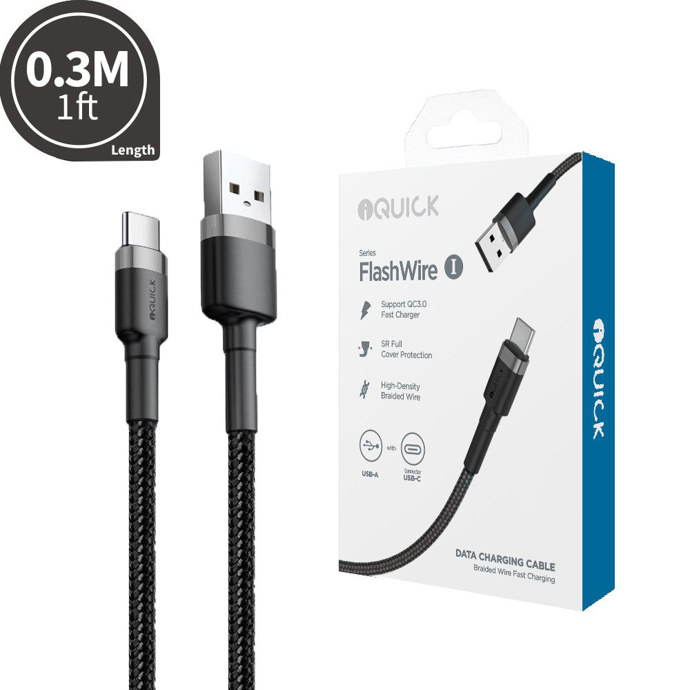 iQuick Braided USB-A to USB-C Fast Charging Cable 0.3M -Black
