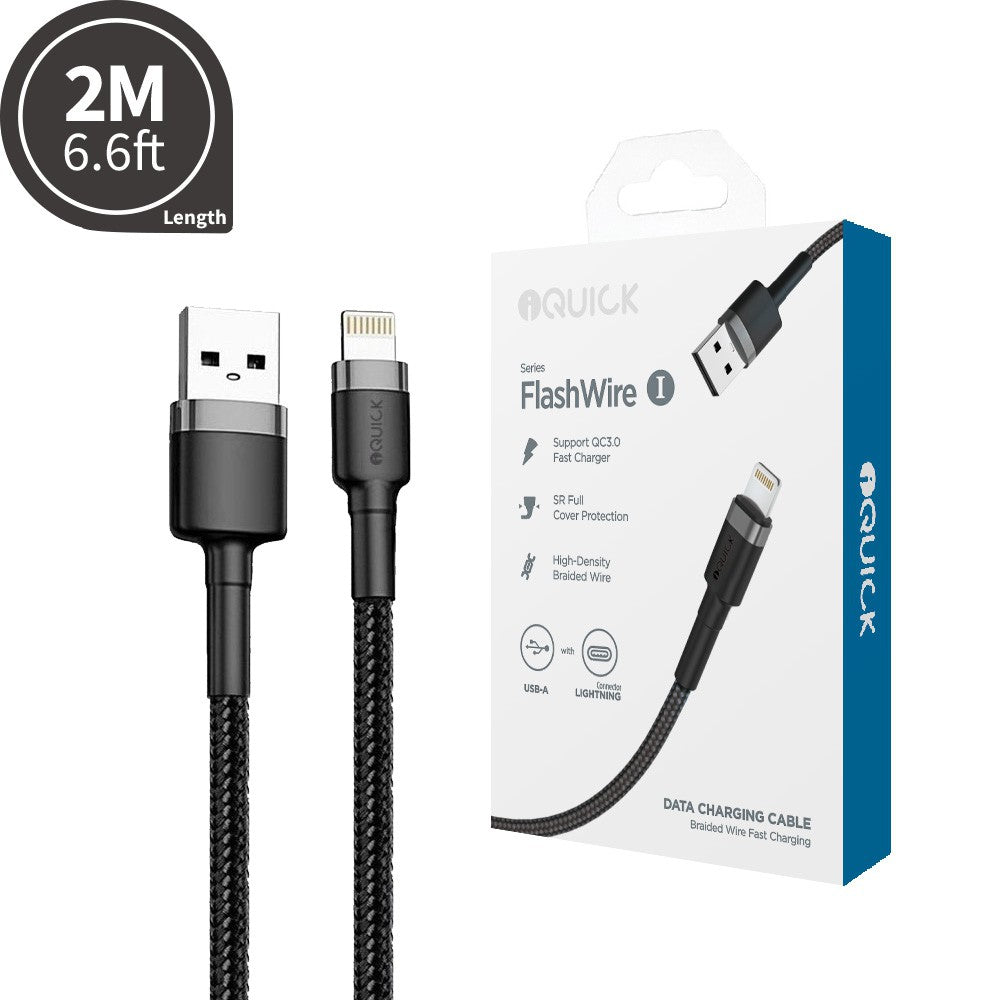 iQuick Braided USB-A to Lightning Charging Cable 2M -Black