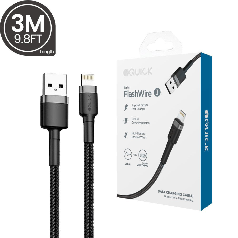 iQuick Braided USB-A to Lightning Charging Cable 3M -Black