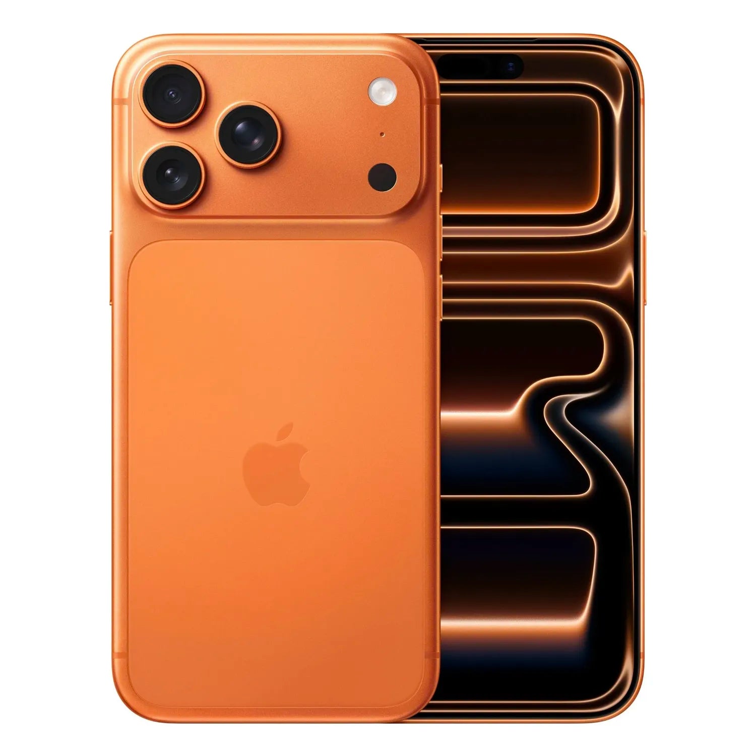 Orange iPhone Pro shown from the front and back