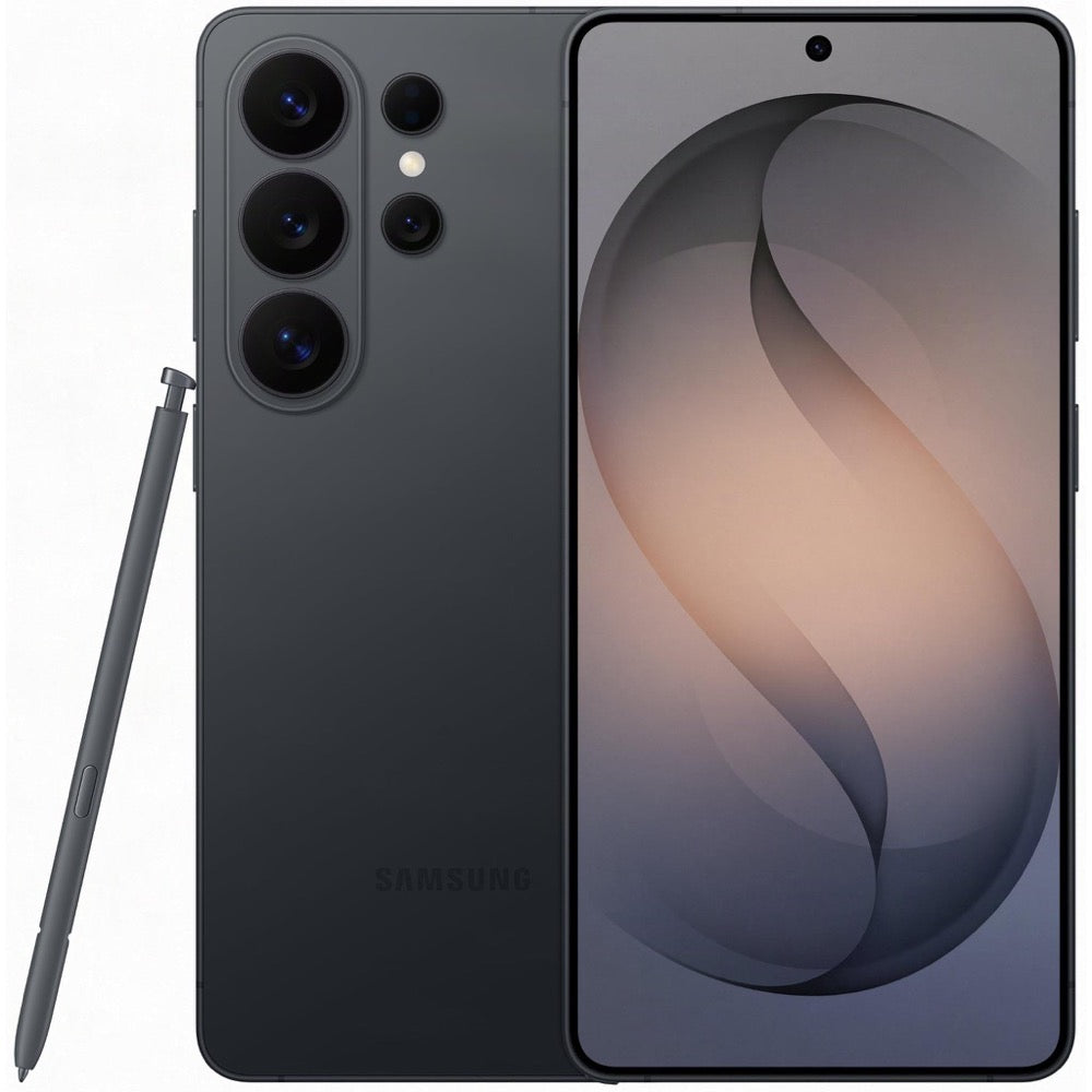 Black Samsung Galaxy Ultra phone with S Pen shown from the front and back