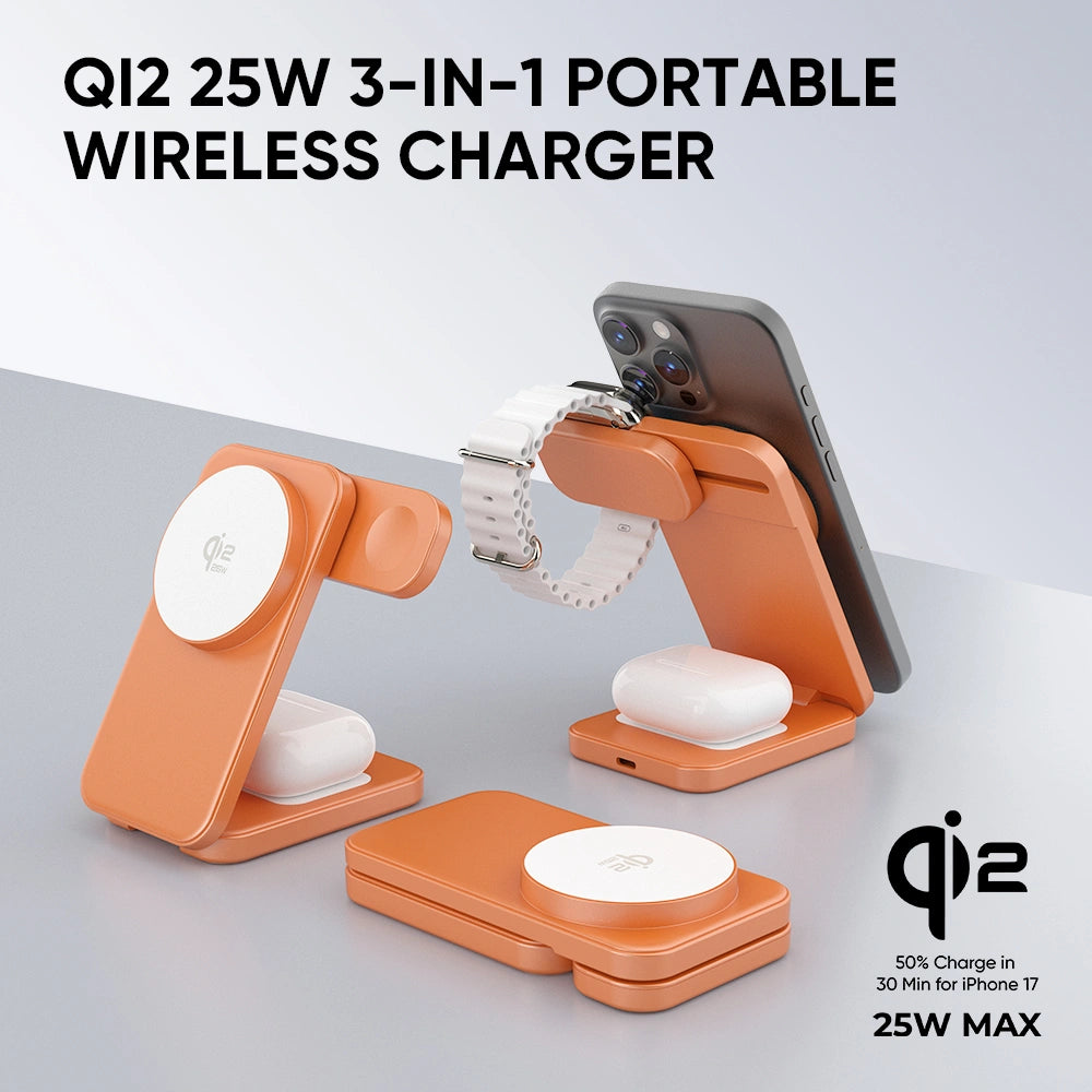 Orange Qi2 three-in-one folding wireless charging station